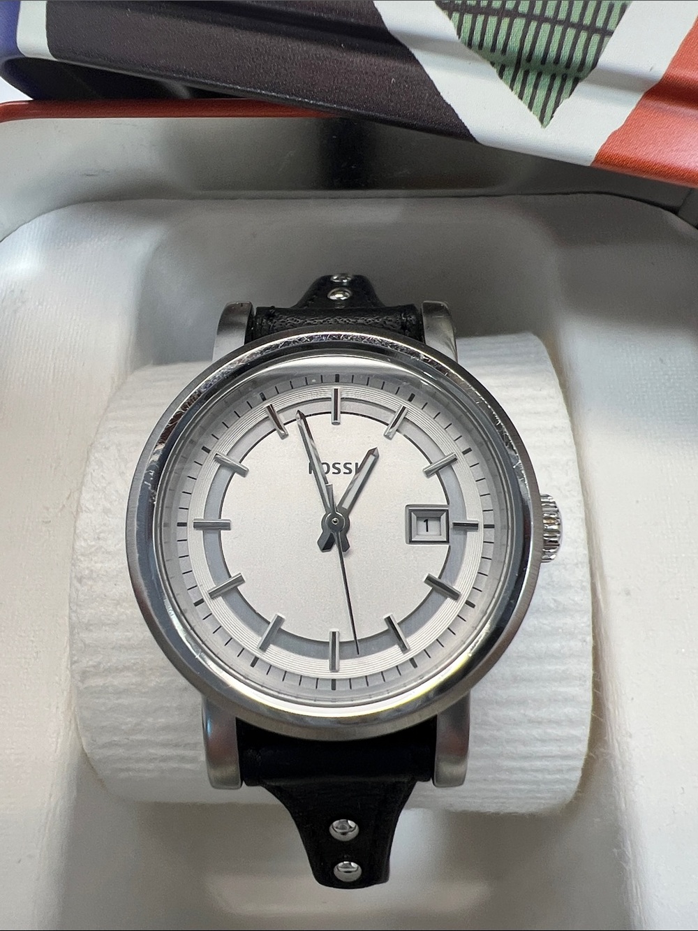Fossil Silver Dial Watch with Black Leather Strap